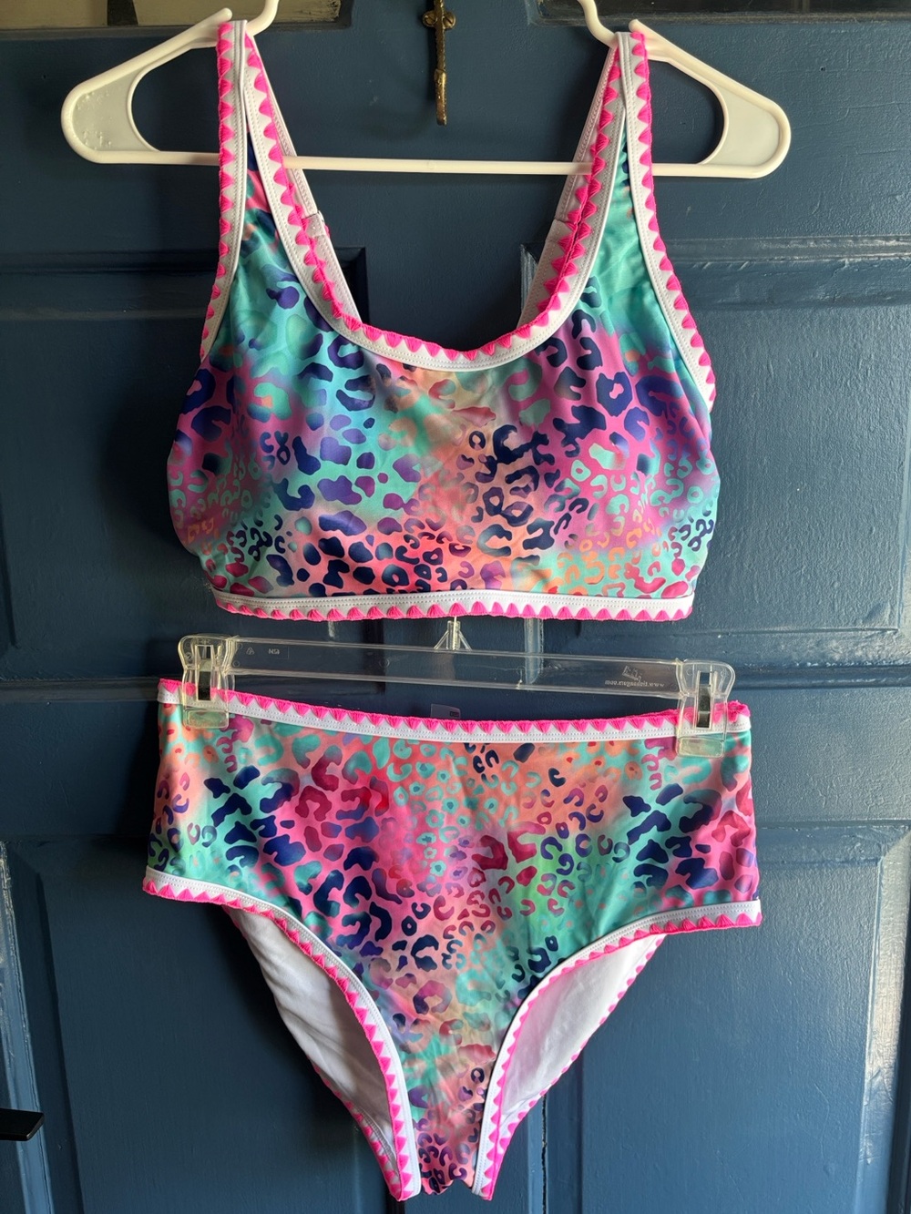 Women’s Multicolor Leopard Print Two-Piece Swim Set - Pink Trim